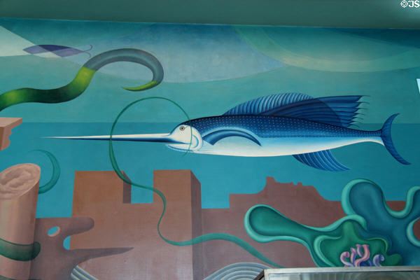WPA mural with sword fish at National Maritime Museum. San Francisco, CA.