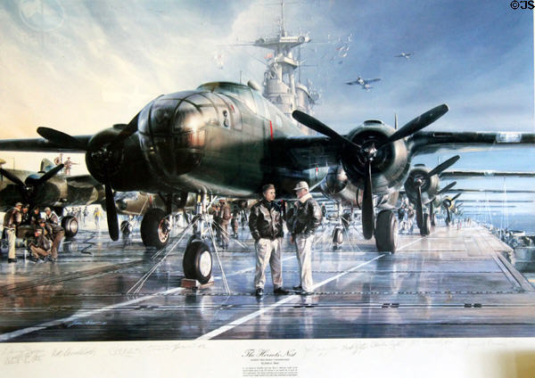 Graphic shows Lt. Col James Doolittle & Capt. Marc A. Mitscher confer about 30 seconds over Tokyo at Alameda Naval Air Museum. Alameda, CA.