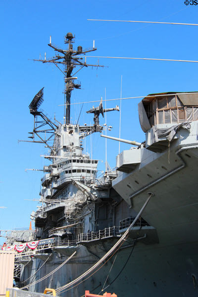 Island (bridge & antennas) of USS Hornet CV-12. Alameda, CA.