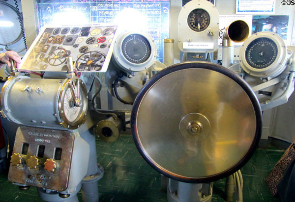 Pilot house of USS Hornet CV-12 with ship's wheel & engine order telegraph. Alameda, CA.