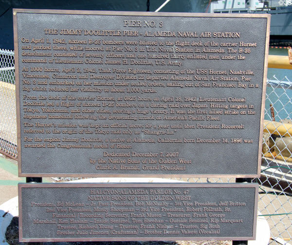 Sign for the Jimmy Doolittle Pier at Alameda Naval Air Station docking place of USS Hornet CV-12. Alameda, CA.