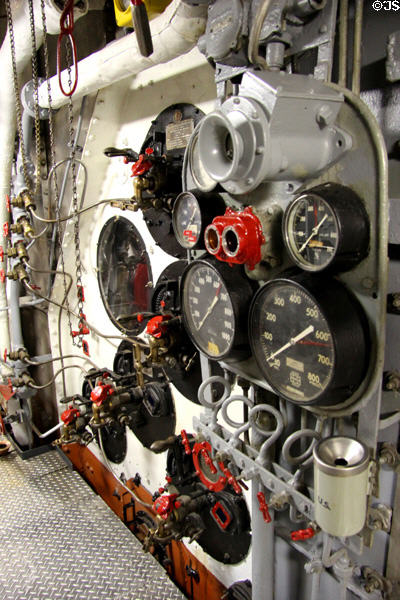 Steam turbine gauges on USS Hornet CV-12. Alameda, CA.