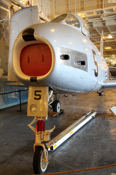 Nose of North American FJ-2 Fury Transonic fighter (c1951), naval version of F-86 Sabre at USS Hornet. Alameda, CA.