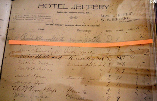 Register from Hotel Jeffrey with signature of President Theodore Roosevelt at Northern Mariposa County Museum. Coulterville, CA.