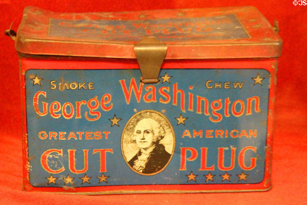 George Washington brand cut plug chewing & smoking tobacco tin at Northern Mariposa County Museum. Coulterville, CA.