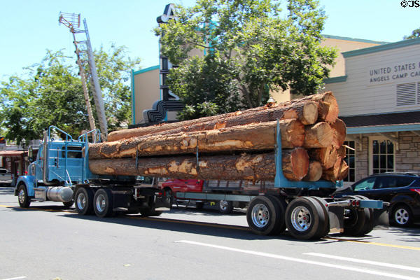 Log truck driving through Angels Camp on HW 49. Angels Camp, CA.