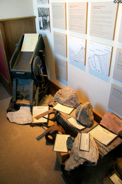 Samples of minerals quarried locally including soapstone, asbestos, rhyolite & a quartz vein at Calaveras County Downtown Museum. San Andreas, CA.