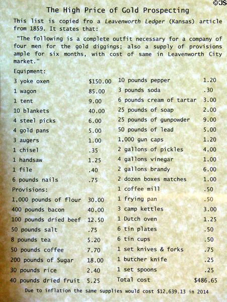 Chart indicating the cost of food, living and work items required by a team of 4 men setting out to prospect for gold in 1859 at Calaveras County Downtown Museum. San Andreas, CA.