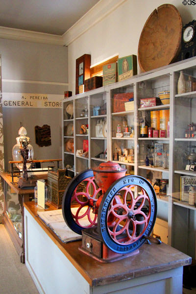 Display of typical items seen at A. Pereira General Store (c1930s) plus coffee grinder at Calaveras County Downtown Museum. San Andreas, CA.