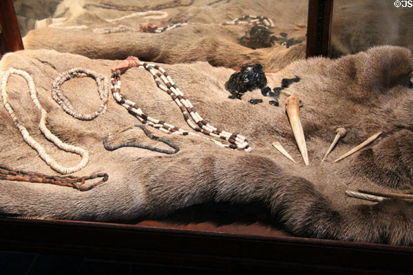 Beads & other personal adornment used by California Indians in museum at Marshall Gold Discovery SHP. Coloma, CA.