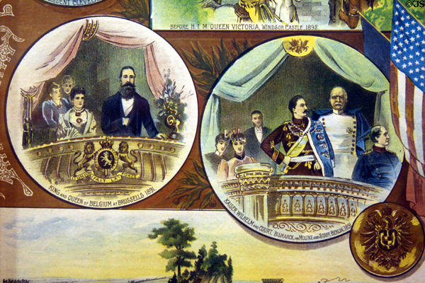 Scene of Cody meeting royal families of Belgium & Kaiser Wilhelm + Bismarck of Germany (1891) at Buffalo Bill Museum. Lookout Mountain, CO.