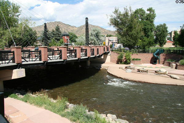 Washington Ave. bridge across Clear Creek with sculptures. Golden, CO.