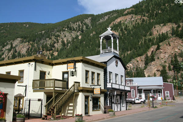 Streetscape of Georgetown along 6th Street with bell tower of Town Hall. Georgetown, CO.