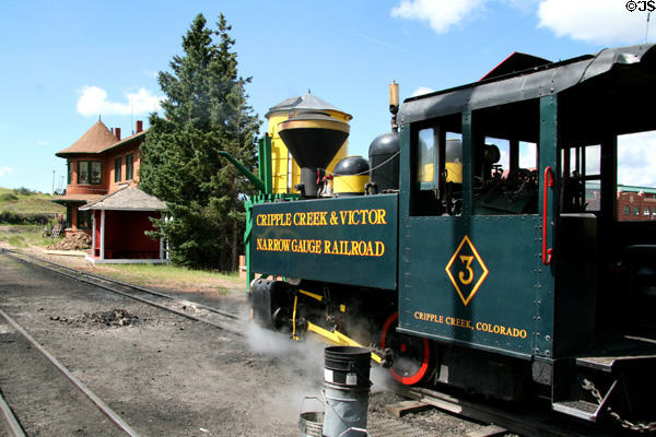 Cripple Creek Railroad steam locomotive #3 & Midand Terminal Depot. Cripple Creek, CO.