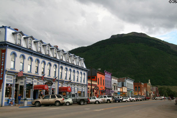 Streetscape of Silverton's Greene Street including Grand Imperial Hotel or Thomson Block. Silverton, CO. On National Register.