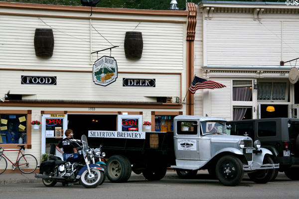 Silverton Brewery (1895) (1333 Greene St.) with antique Ford delivery truck parked in front. Silverton, CO.