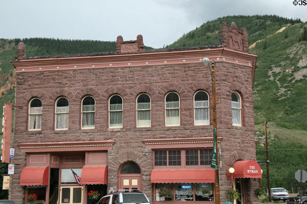 Louis Wyman Hotel (1902) (1371 Greene St.) in red sandstone with carved burro above door. Silverton, CO.