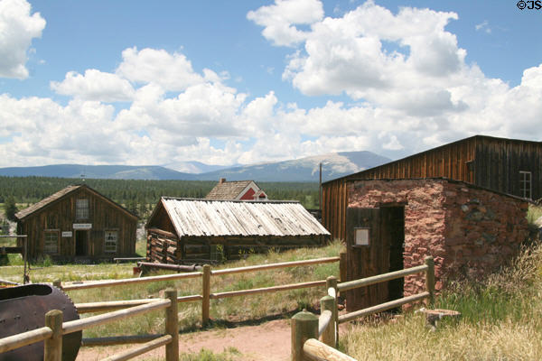 South Park City buildings against Rocky Mountain range. Fairplay, CO.