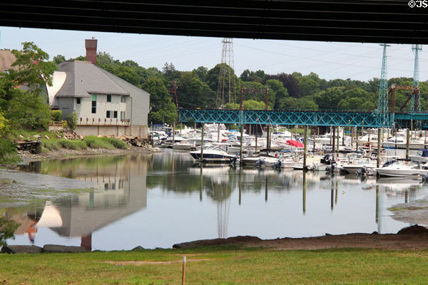 View from front porch of Bush Holley House of lower landing once a commercial district before the railroad & Interstate were built. Cos Cob, CT.