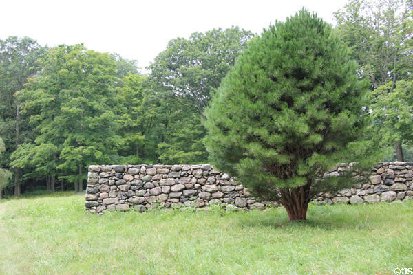 Panorama of stone walls, roads, & dry well of Johnson's landscaped approach to Philip Johnson Glass & Brick Houses. New Canaan, CT.