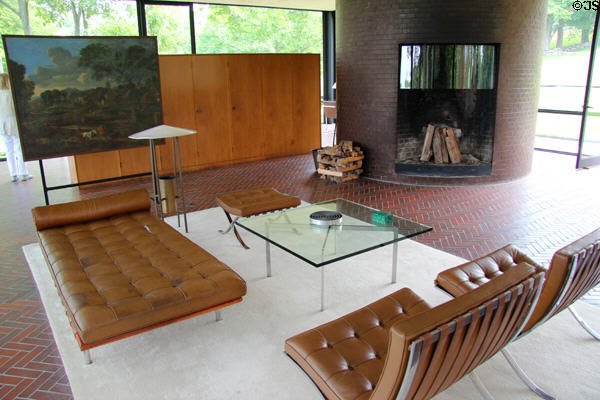 Sitting area with fireplace in Philip Johnson Glass House. New Canaan, CT.