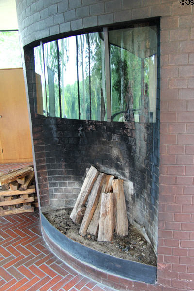 Fireplace with glass shield at Philip Johnson Glass House. New Canaan, CT.