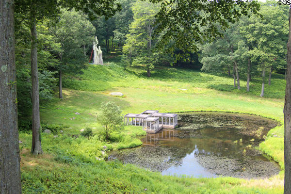 View from Philip Johnson Glass House to Pond Pavilion (1962) & Lincoln Kirstein Tower (1985). New Canaan, CT.