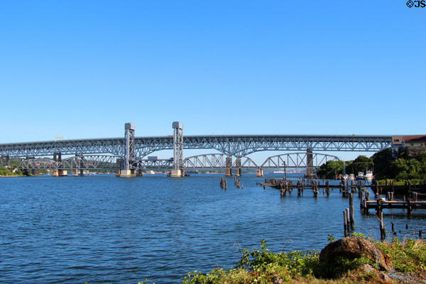 Interstate highway & rail bridge over Thames River as seen from Groton. Groton, CT.