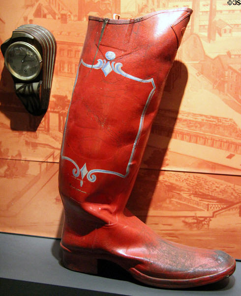 Rubber boot shop sign from Goodyear Rubber Shoe firm of Naugatuck, CT at Mattatuck Museum. Waterbury, CT.