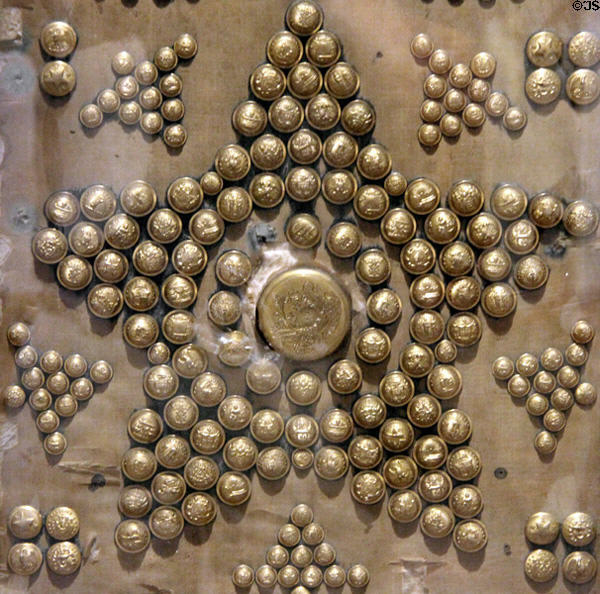 Detail of button display (1876) exhibited at Philadelphia Centennial Exhibition at Mattatuck Museum. Waterbury, CT.