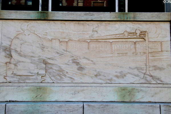 Art Deco frieze of 1930s steam train on Waterbury Post Office. Waterbury, CT.