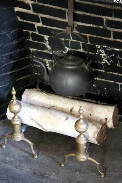 Tea kettle in dining room fireplace at Judson House. Stratford, CT.