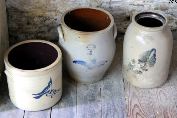 Stoneware jars with cobalt blue birds at Judson House. Stratford, CT.
