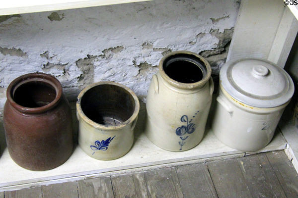 Stoneware crocks with cobalt blue designs at Judson House. Stratford, CT.