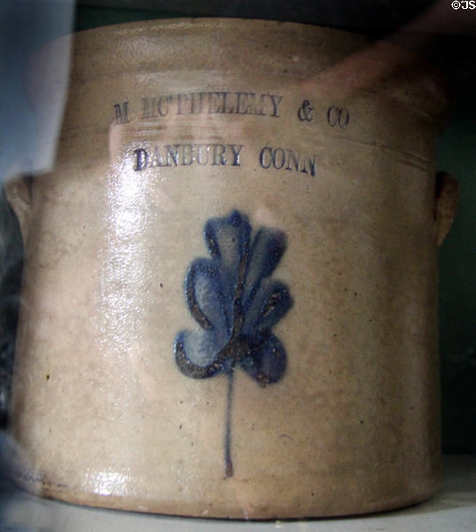Stoneware crock marked Nicola Julia, Danbury, CT in Rider House at Danbury Museum & Historical Society. Danbury, CT.