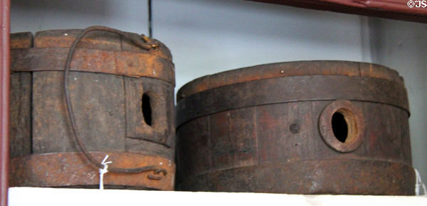 Early American barrel-style canteens at Danbury Museum & Historical Society. Danbury, CT.