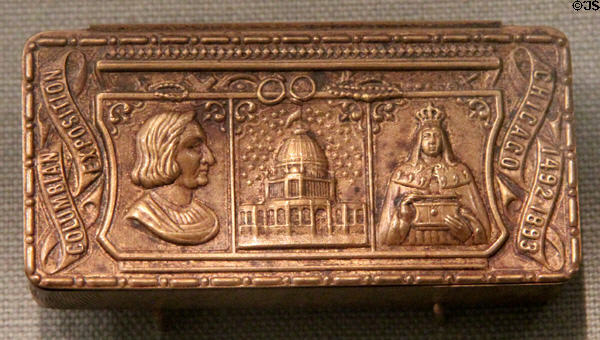 Souvenir Columbus tin dresser box from Chicago World Columbian Exposition (1893) at Knights of Columbus Museum. New Haven, CT.