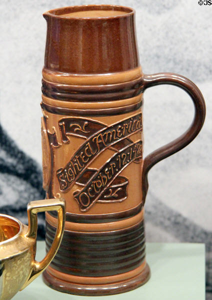 Stoneware pitcher (1892) marks sighting of America in 1492 by Doulton Co. of England at Knights of Columbus Museum. New Haven, CT.