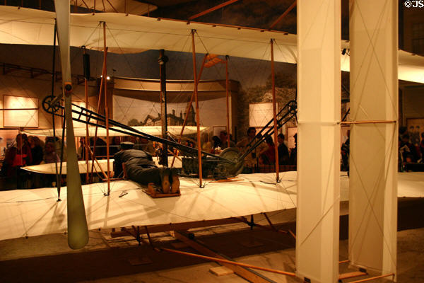 Wright Brothers' plane engine, propellers, rudder in Air & Space Museum. Washington, DC.