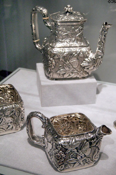 Silver & ivory tea & coffee service in Japanese style (c1881) by Dominick & Huff of New York City at Smithsonian American Art Museum. Washington, DC.