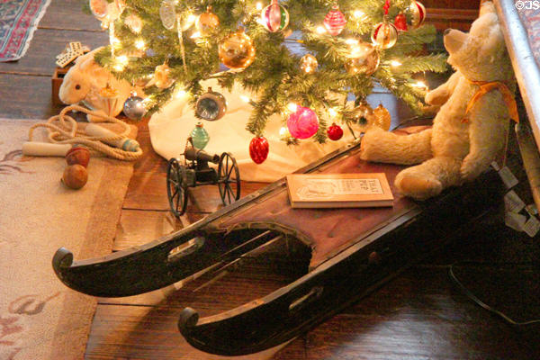 Sleigh & teddy bear at Tudor Place. Washington, DC.