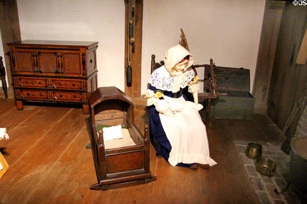 New England Great Hall (1690-1700) with bonnet top cradle (18thC) presented by Wisconsin at DAR Memorial Continental Hall. Washington, DC.