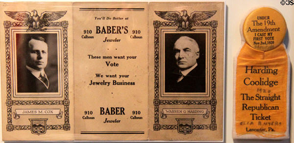 Warren G. Harding election campaign items (1920) the first wherein women could vote at Newseum. Washington, DC.