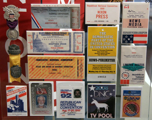 Presidential convention press passes (1944-2008) at Newseum. Washington, DC.