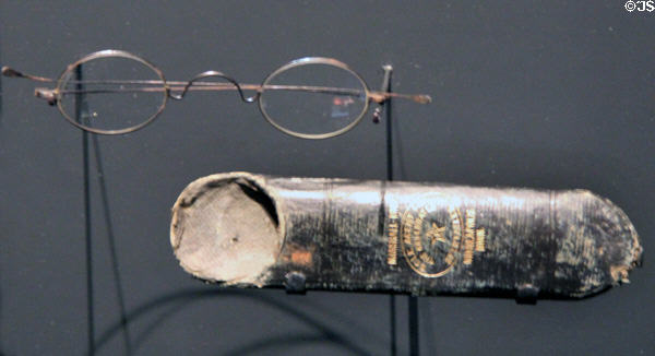 Eyeglasses of Bismarck Tribune reporter Mark Kellogg, killed (1876) at the Little Bighorn while covering Lt. Col. George Custer at Newseum. Washington, DC.