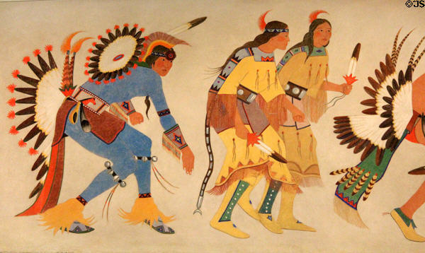 Native dancers detail of Ceremonial Dance mural (1939) by Stephen Mopope at Interior Department. Washington, DC.