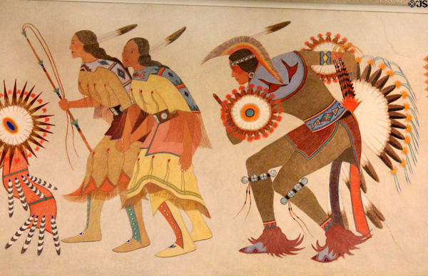 Native dancers detail of Ceremonial Dance mural (1939) by Stephen Mopope at Interior Department. Washington, DC.