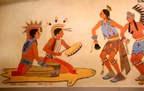 Signature detail of James Auchia on Harvest Dance mural (1939) at Interior Department. Washington, DC.