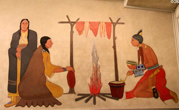 Native food detail of Harvest Dance mural (1939) by James Auchia at Interior Department. Washington, DC.