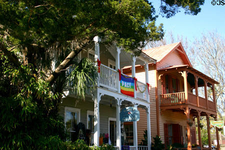 Shops in old wooden houses with upper & lower porches on 30 & 32 Charlotte Street in old St. Augustine. St Augustine, FL.